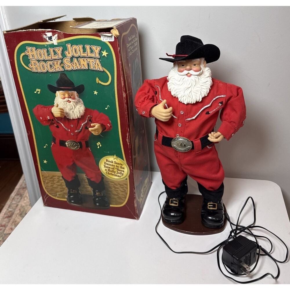 Holly Jolly Rock Santa Animated Musical Dancing Cowboy Christmas Working Box - Picture 2 of 8